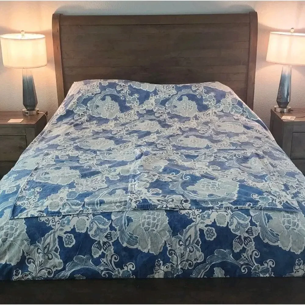 Pottery Barn Organic Cotton Blue Floral King Duvet Cover Euro Sham Set